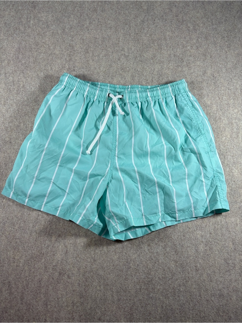 Zara Man Aqua Blue White Vertical Striped Swim Trunks Size L 4.5" Inseam EUC